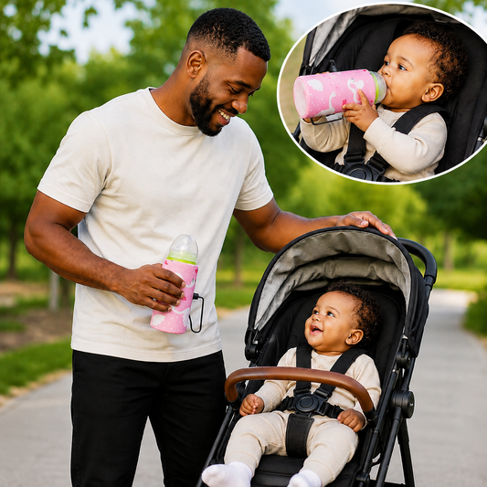 papa souriant touche chauffe biberon nomade bebe souriant.