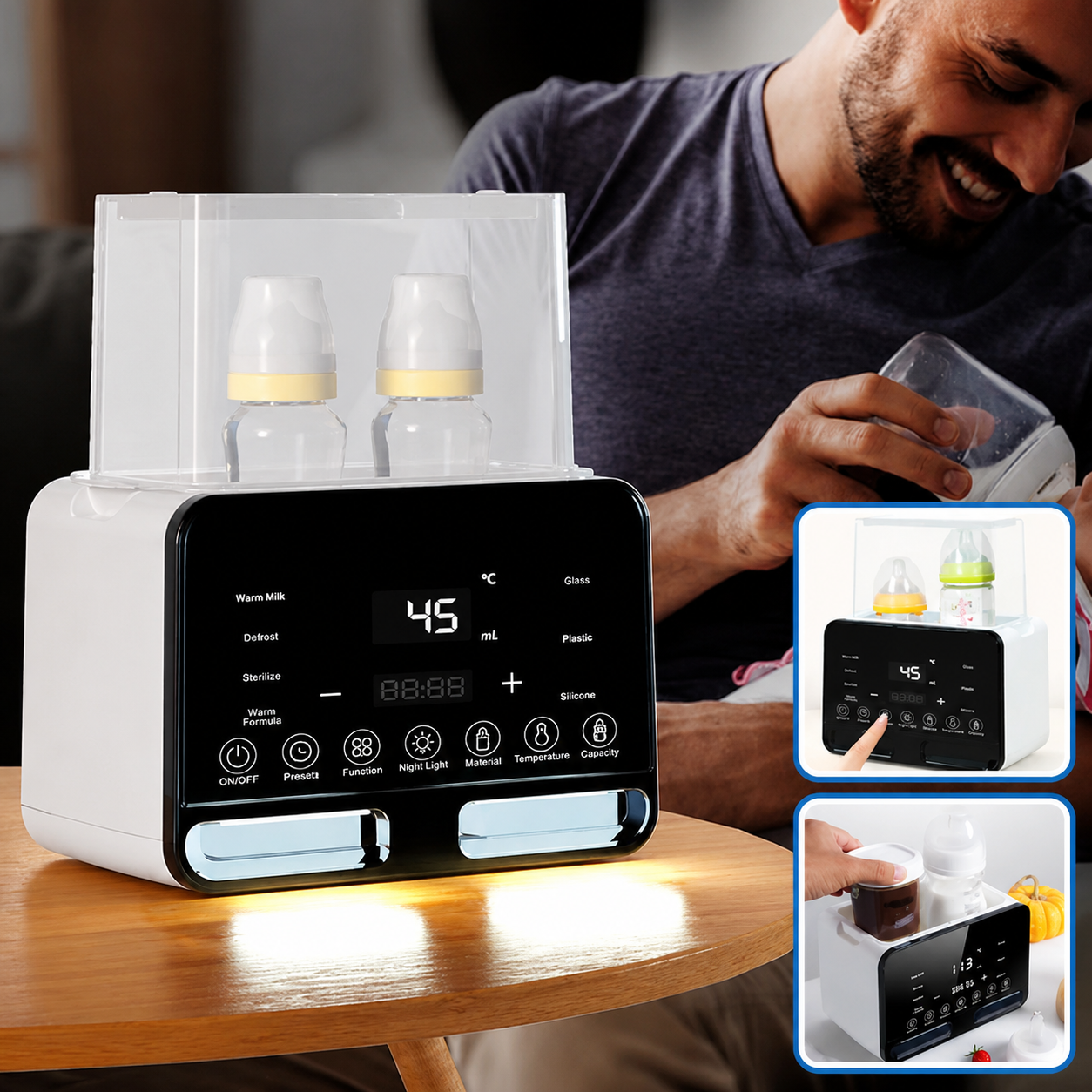 pere fait boire lait au bebe chauffe biberon double en fonction.