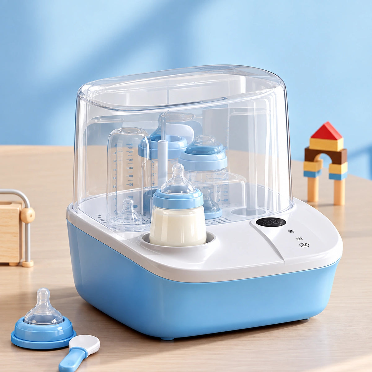 sterilisateur biberon electrique a vapeur bleu sur table