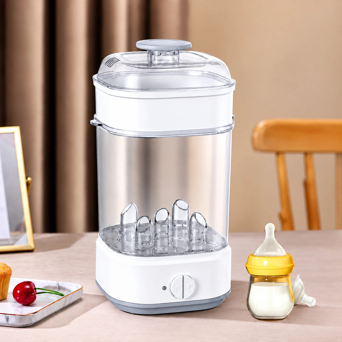 sterilisateur biberon sur table petit biberon lait aussi.