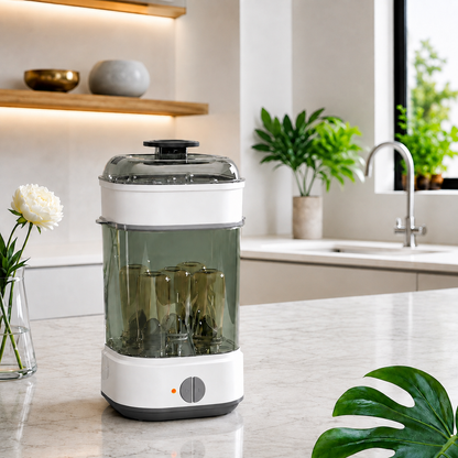sterilisateur electrique biberon moderne sur comptoir en marbre.