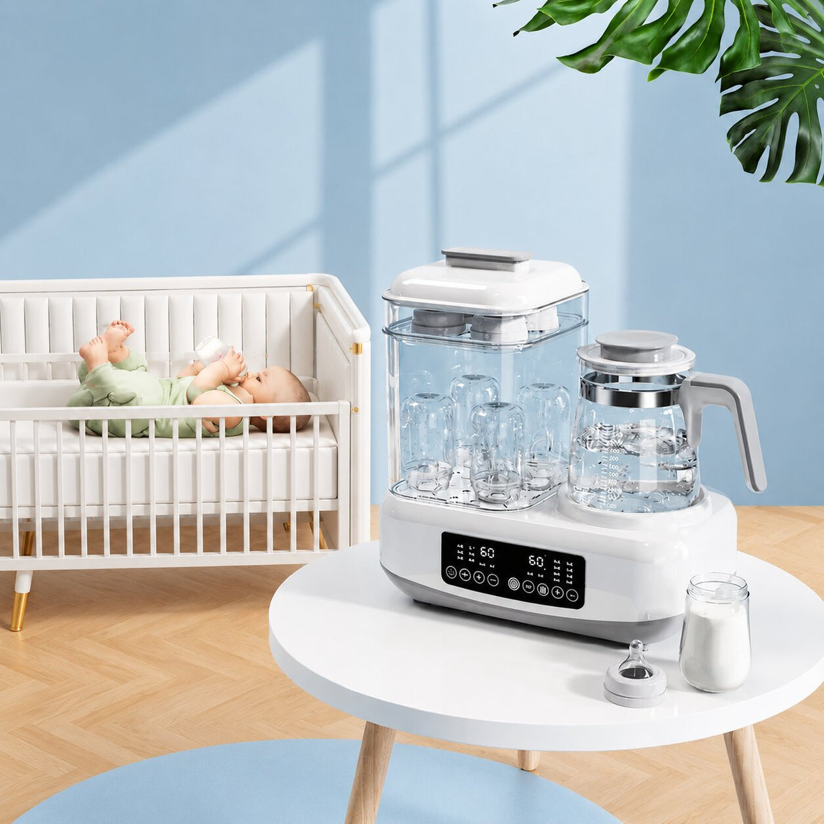 sterilisateur electrique biberon sur table  bebe boit biberon  dans  berceau