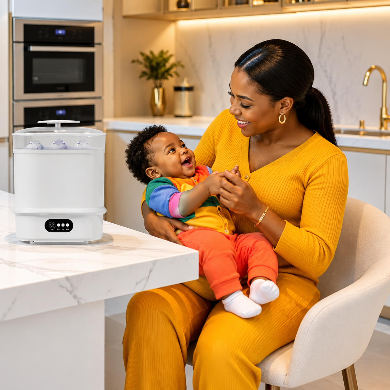 tendresse maternelle en cuisine moderne sterilisateur biberon sur table.