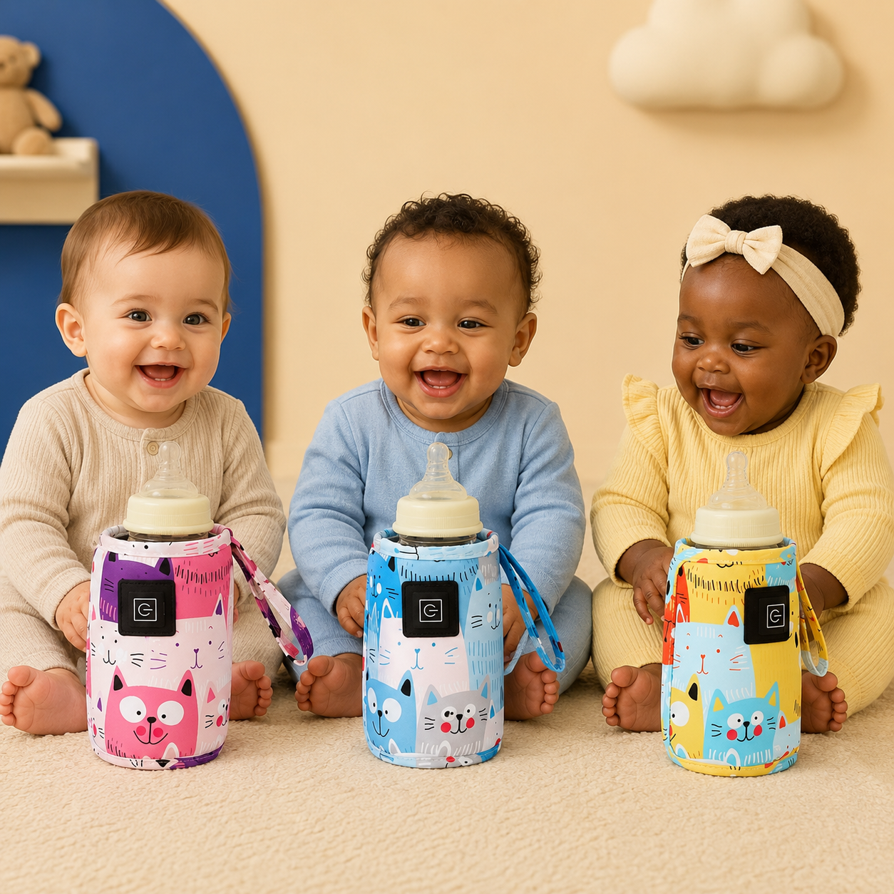 trois bebes assis chacun avec un chauffe biberon portable.