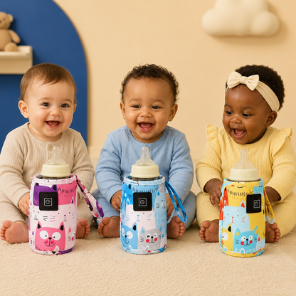 trois bebes assis chacun avec un chauffe biberon portable.